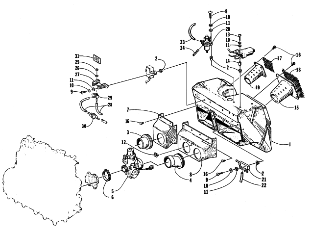 Parts Diagram for Arctic Cat 1998 POWDER EXTREME SNOWMOBILE CARBURETOR AND AIR SILENCER ASSEMBLY