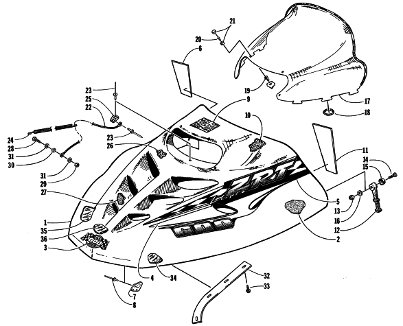 Parts Diagram for Arctic Cat 1998 ZRT 600 SNOWMOBILE HOOD AND WINDSHIELD ASSEMBLY