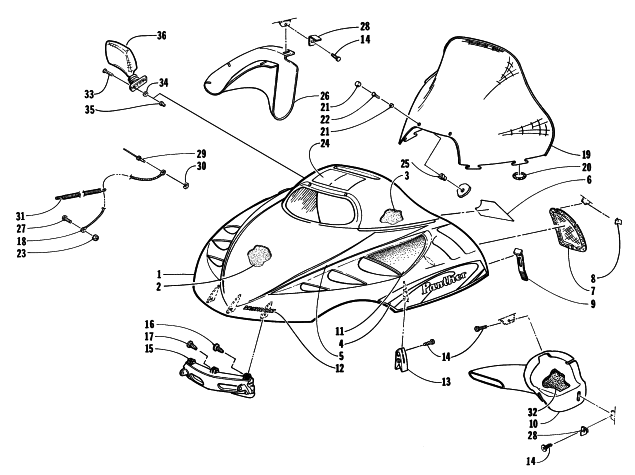 Parts Diagram for Arctic Cat 1998 PANTHER 440 SNOWMOBILE HOOD AND WINDSHIELD ASSEMBLY