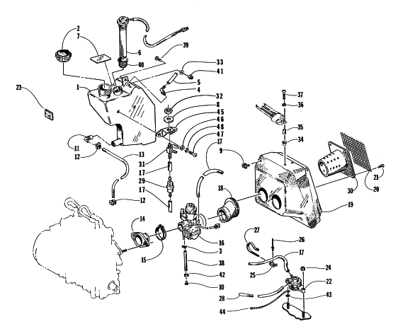 Parts Diagram for Arctic Cat 1998 PANTHER 550 SNOWMOBILE OIL TANK, CARBURETOR, FUEL PUMP, AND SILENCER
