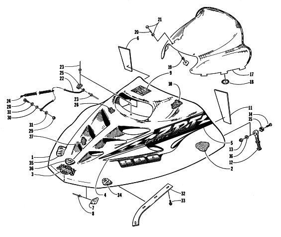 Parts Diagram for Arctic Cat 1998 ZRT 800 SNOWMOBILE HOOD AND WINDSHIELD ASSEMBLY