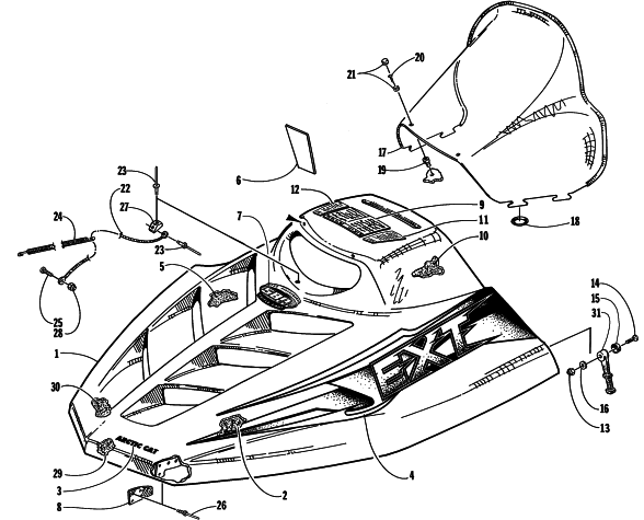 Parts Diagram for Arctic Cat 1998 EXT 580 EFI SNOWMOBILE HOOD AND WINDSHIELD ASSEMBLY