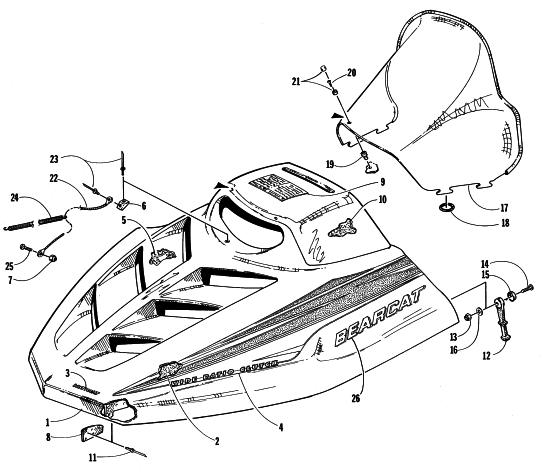 Parts Diagram for Arctic Cat 1998 BEARCAT WIDE TRACK SNOWMOBILE HOOD AND WINDSHIELD ASSEMBLY