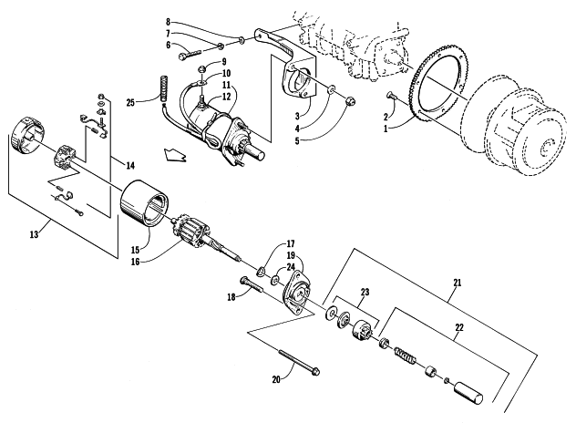Parts Diagram for Arctic Cat 1999 BEARCAT 340 - 136 IN. SNOWMOBILE ELECTRIC START - STARTER MOTOR ASSEMBLY