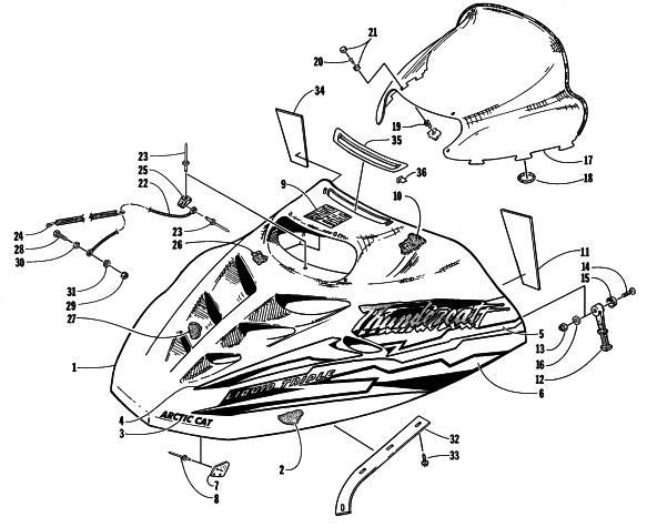 Parts Diagram for Arctic Cat 1998 THUNDERCAT MC SNOWMOBILE HOOD AND WINDSHIELD ASSEMBLY