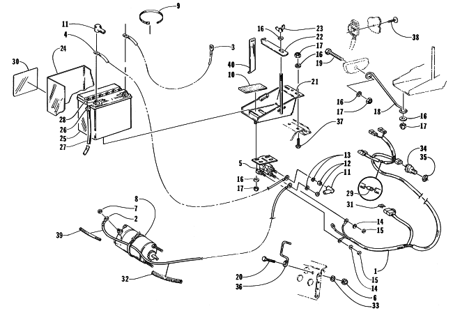 Parts Diagram for Arctic Cat 1998 EXT 580 EFI SNOWMOBILE BATTERY, SOLENOID, AND CABLES