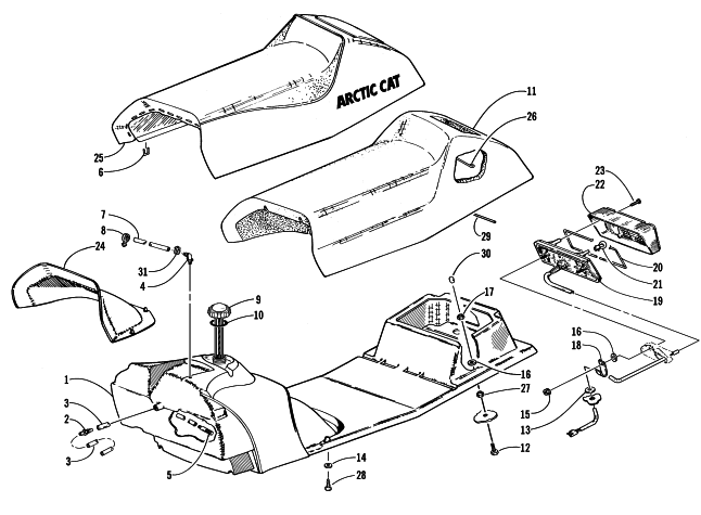 Parts Diagram for Arctic Cat 1999 THUNDERCAT SNOWMOBILE GAS TANK, SEAT, AND TAILLIGHT ASSEMBLY