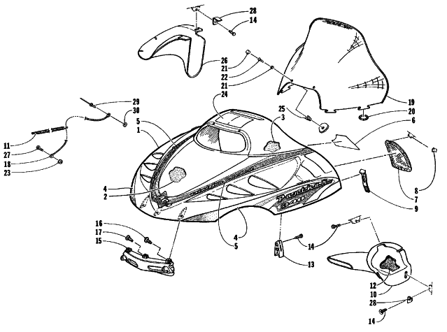 Parts Diagram for Arctic Cat 1999 PANTHER 340 SNOWMOBILE HOOD AND WINDSHIELD ASSEMBLY