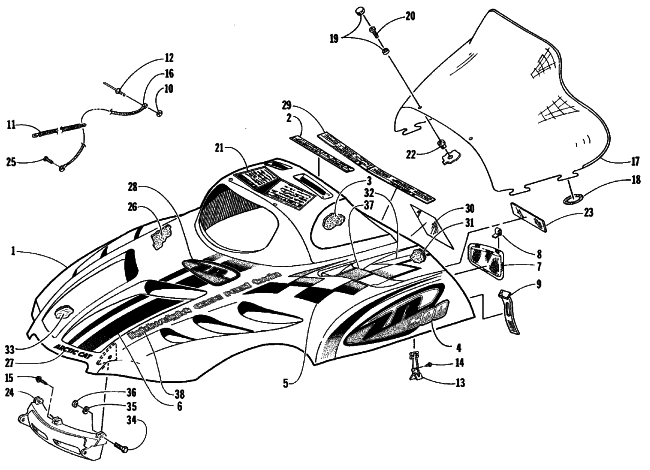 Parts Diagram for Arctic Cat 1999 ZR 500 SNOWMOBILE HOOD AND WINDSHIELD ASSEMBLY