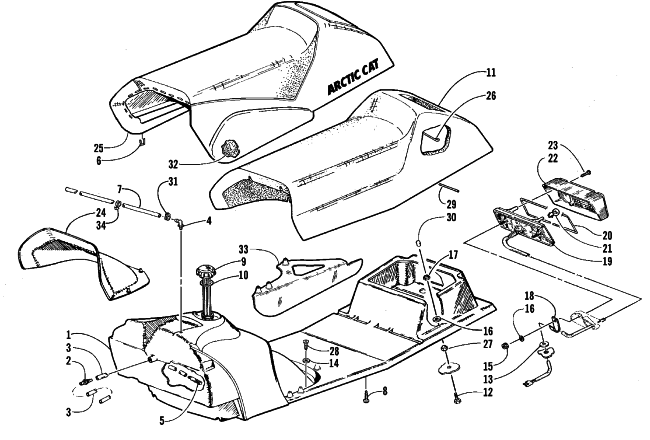 Parts Diagram for Arctic Cat 1999 ZR 700 SNOWMOBILE GAS TANK, SEAT, AND TAILLIGHT ASSEMBLY