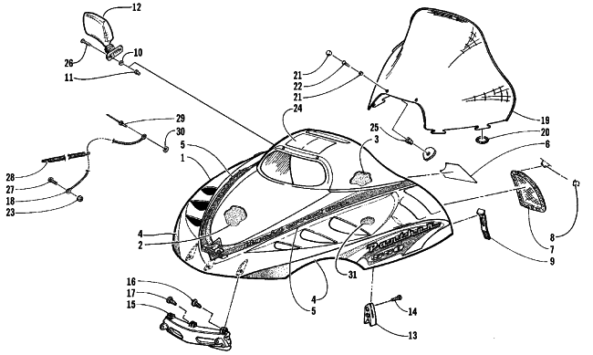 Parts Diagram for Arctic Cat 1999 PANTHER 550 SNOWMOBILE HOOD AND WINDSHIELD ASSEMBLY