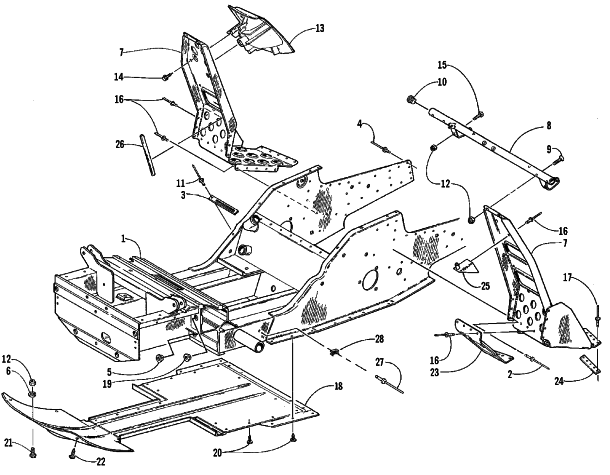 Parts Diagram for Arctic Cat 1999 PANTHER 550 SNOWMOBILE FRONT FRAME AND FOOTREST ASSEMBLY
