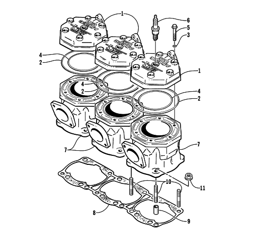 Parts Diagram for Arctic Cat 2000 TRIPLE TOURING 600 () SNOWMOBILE CYLINDER AND HEAD ASSEMBLY