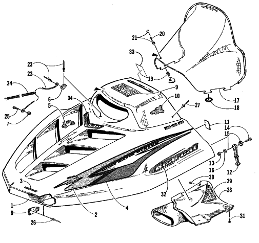 Parts Diagram for Arctic Cat 1999 BEARCAT 340 - 136 IN. SNOWMOBILE HOOD AND WINDSHIELD ASSEMBLY