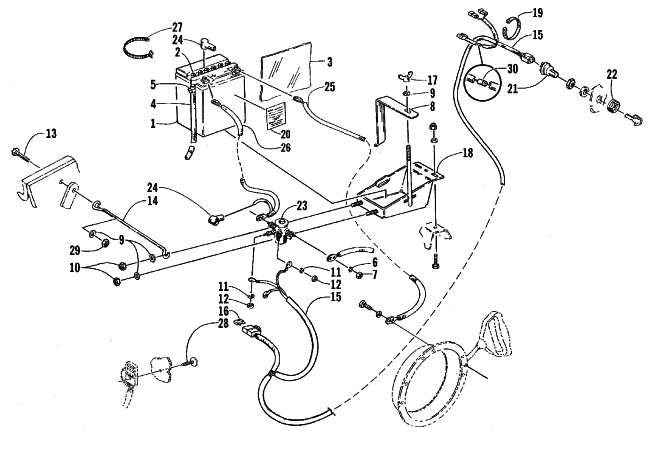 Parts Diagram for Arctic Cat 1999 BEARCAT 340 - 136 IN. SNOWMOBILE BATTERY, SOLENOID, AND CABLES