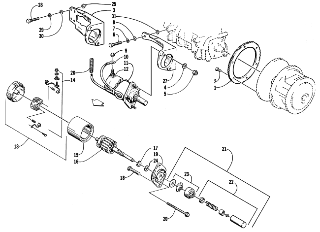 Parts Diagram for Arctic Cat 1999 BEARCAT 440 II - 156 IN. SNOWMOBILE ELECTRIC START - STARTER MOTOR ASSEMBLY