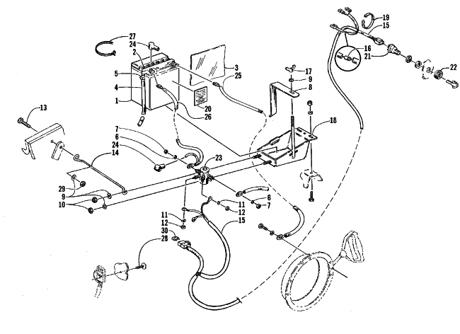 Parts Diagram for Arctic Cat 1999 BEARCAT 440 II - 156 IN. SNOWMOBILE BATTERY, SOLENOID, AND CABLES