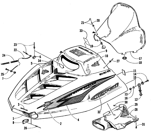 Parts Diagram for Arctic Cat 1999 BEARCAT 440 I - 136 IN. SNOWMOBILE HOOD AND WINDSHIELD ASSEMBLY