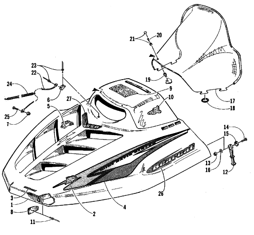 Parts Diagram for Arctic Cat 1999 BEARCAT WT SNOWMOBILE HOOD AND WINDSHIELD ASSEMBLY