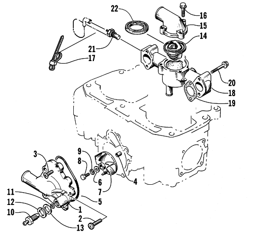 Parts Diagram for Arctic Cat 2000 ZL 700 SNOWMOBILE WATER PUMP AND THERMOSTAT