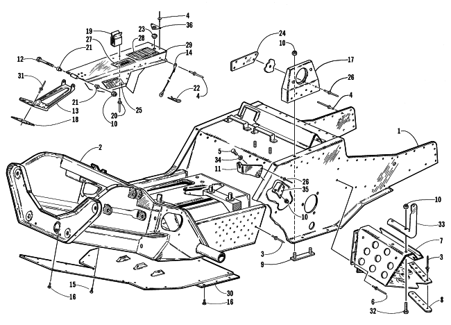 Parts Diagram for Arctic Cat 2000 BEARCAT 340 SNOWMOBILE FRONT FRAME, BELLY PAN, AND FOOTREST ASSEMBLY