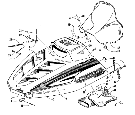 Parts Diagram for Arctic Cat 2000 BEARCAT 340 SNOWMOBILE HOOD AND WINDSHIELD ASSEMBLY