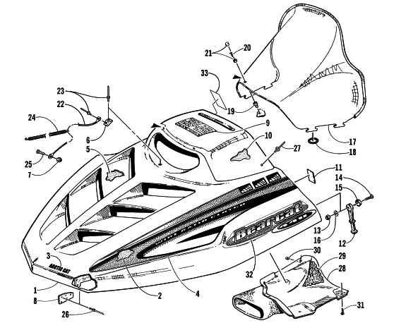Parts Diagram for Arctic Cat 2000 BEARCAT 440 I SNOWMOBILE HOOD AND WINDSHIELD ASSEMBLY