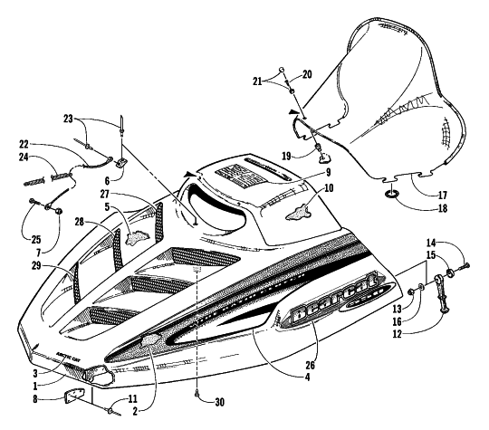 Parts Diagram for Arctic Cat 2000 BEARCAT WIDE TRACK () SNOWMOBILE HOOD AND WINDSHIELD ASSEMBLY