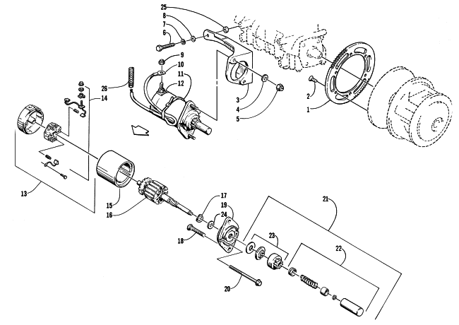 Parts Diagram for Arctic Cat 2000 BEARCAT 440 II SNOWMOBILE ELECTRIC START - STARTER MOTOR ASSEMBLY