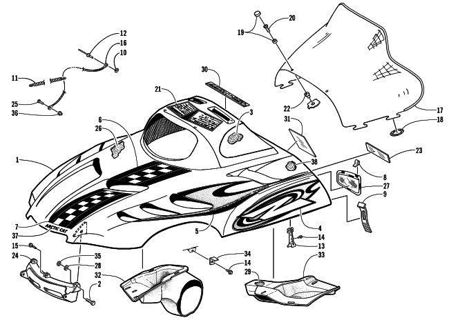 Parts Diagram for Arctic Cat 2000 Z 440 SNOWMOBILE HOOD AND WINDSHIELD ASSEMBLY