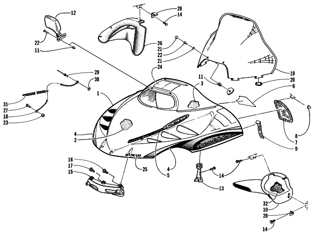 Parts Diagram for Arctic Cat 2000 PANTHER 440 SNOWMOBILE HOOD AND WINDSHIELD ASSEMBLY