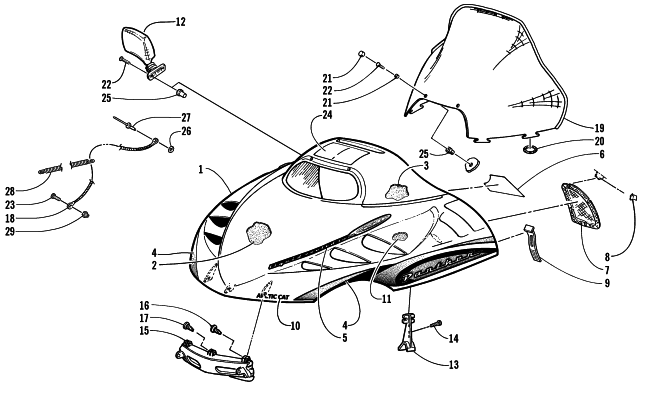 Parts Diagram for Arctic Cat 2000 PANTHER 550 SNOWMOBILE HOOD AND WINDSHIELD ASSEMBLY