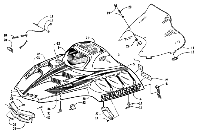 Parts Diagram for Arctic Cat 2000 THUNDERCAT MC SNOWMOBILE HOOD AND WINDSHIELD ASSEMBLY