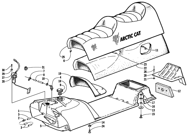 Parts Diagram for Arctic Cat 2000 TRIPLE TOURING 600 () SNOWMOBILE GAS TANK, SEAT, AND FUEL SENSOR ASSEMBLY