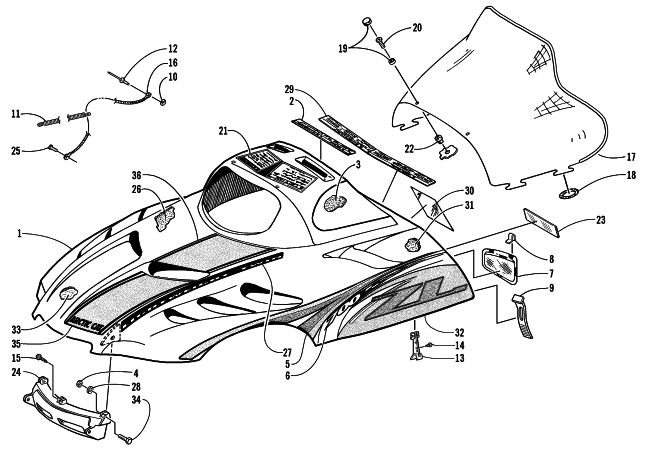 Parts Diagram for Arctic Cat 2000 ZL 700 SNOWMOBILE HOOD AND WINDSHIELD ASSEMBLY
