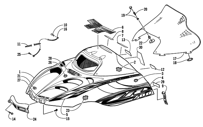 Parts Diagram for Arctic Cat 2000 ZR 700 - LE (REVERSE) SNOWMOBILE HOOD AND WINDSHIELD ASSEMBLY