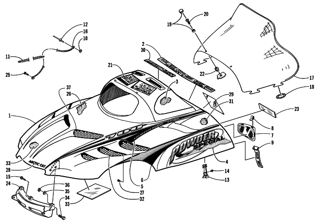 Parts Diagram for Arctic Cat 2000 POWDER SPECIAL 700 LE () SNOWMOBILE HOOD AND WINDSHIELD ASSEMBLY