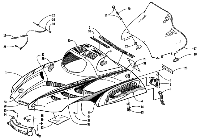 Parts Diagram for Arctic Cat 2000 POWDER SPECIAL 600 SNOWMOBILE HOOD AND WINDSHIELD ASSEMBLY
