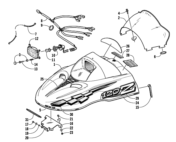 Parts Diagram for Arctic Cat 2000 Z 120 SNOWMOBILE HOOD, HEADLIGHT, AND WINDSHIELD ASSEMBLY
