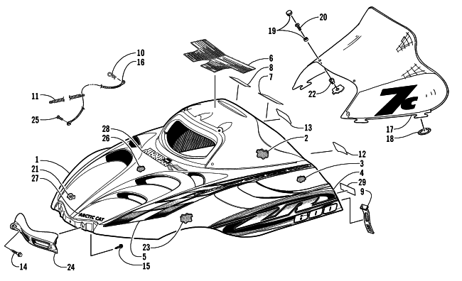 Parts Diagram for Arctic Cat 2000 ZR 600 BLAIR MORGAN SIGNATURE EDITION SNOWMOBILE HOOD AND WINDSHIELD ASSEMBLY