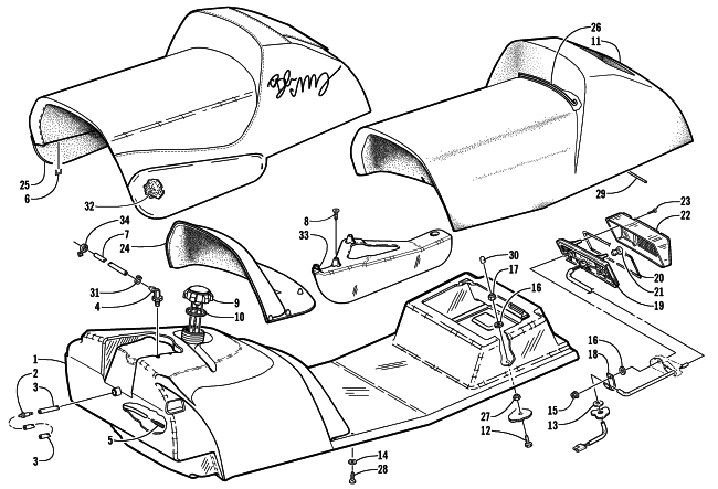 Parts Diagram for Arctic Cat 2000 ZR 600 BLAIR MORGAN SIGNATURE EDITION SNOWMOBILE GAS TANK, SEAT, AND TAILLIGHT ASSEMBLY