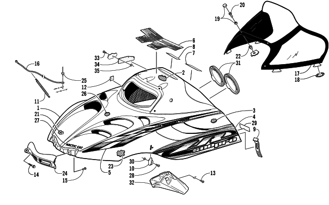 Parts Diagram for Arctic Cat 2000 ZR 440 SNO PRO SNOWMOBILE HOOD AND WINDSHIELD ASSEMBLY