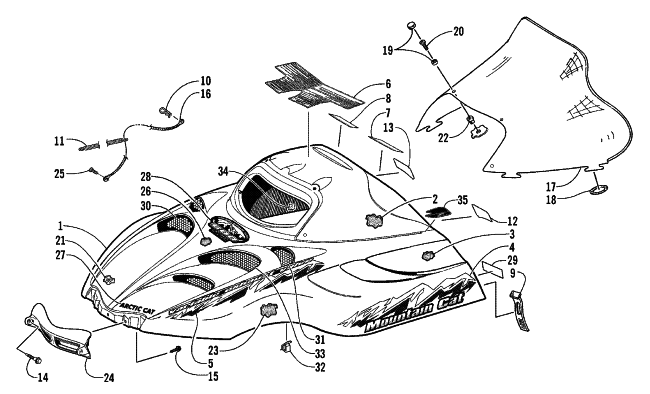 Parts Diagram for Arctic Cat 2001 MOUNTAIN CAT 600 VEV SNOWMOBILE HOOD AND WINDSHIELD ASSEMBLY