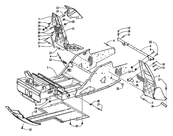 Parts Diagram for Arctic Cat 2001 MOUNTAIN CAT 600 VEV SNOWMOBILE FRONT FRAME AND FOOTREST ASSEMBLY