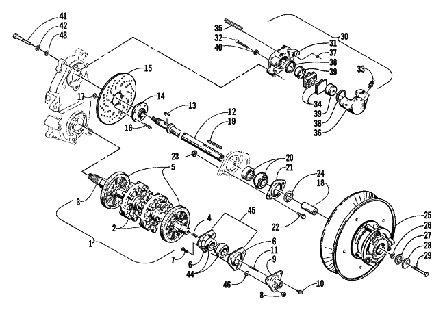 Parts Diagram for Arctic Cat 2001 MOUNTAIN CAT 600 VEV SNOWMOBILE DRIVE TRAIN SHAFTS AND BRAKE ASSEMBLIES