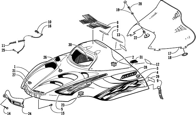 Parts Diagram for Arctic Cat 2001 ZR 600 VEV SNOWMOBILE HOOD AND WINDSHIELD ASSEMBLY