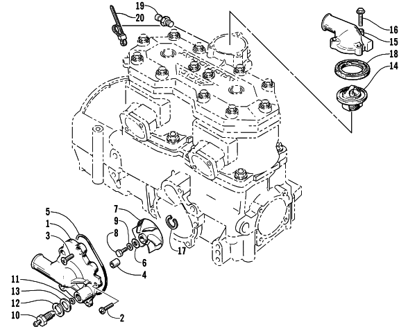 Parts Diagram for Arctic Cat 2001 ZR 600 SNOWMOBILE WATER PUMP AND THERMOSTAT