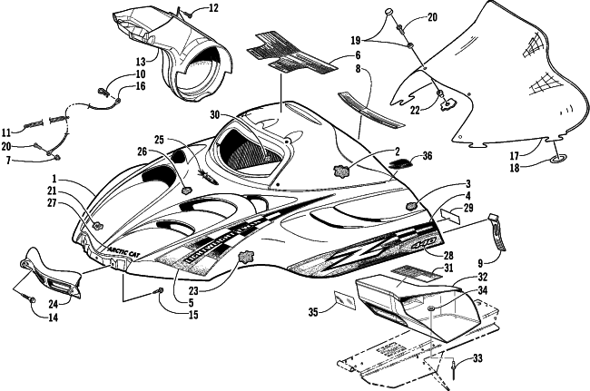 Parts Diagram for Arctic Cat 2001 Z 440 SNOWMOBILE HOOD AND WINDSHIELD ASSEMBLY