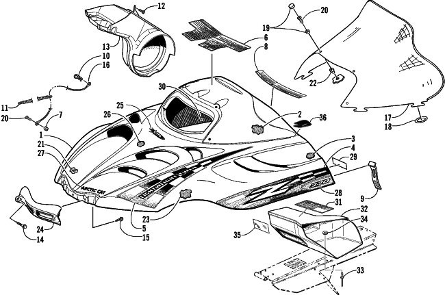 Parts Diagram for Arctic Cat 2001 Z 370 SNOWMOBILE HOOD AND WINDSHIELD ASSEMBLY
