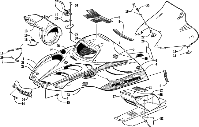 Parts Diagram for Arctic Cat 2001 PANTHER 440 SNOWMOBILE HOOD AND WINDSHIELD ASSEMBLY